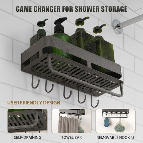 Adhesive Shower Caddy, 11.8 inch Stainless Steel Shower Shelves for Inside Shower with Hooks & Towel Bar-No Drilling(Gun Gray) - size: 11.8inch-1Pack-Adhesive Gun Gray