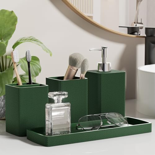 Green Bathroom Set, Dark Green Bathroom Accessories Set with Shower Curtain and No-Slip Bath Rugs, Natural Loofah Sponge, Soap Dispenser, Toothbrush Holder, Bathroom Tumbler and Tray for Bathroom - size: Bath Set+Shower Curtain+Bath Rugs+2PCS Loofah, styl