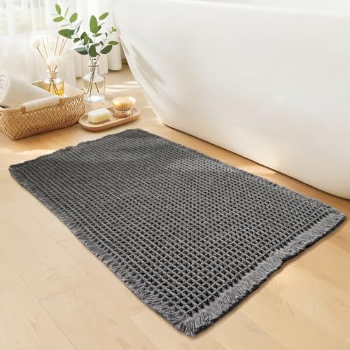 Waffle Bath Mat - Boho Bathroom Rugs Non Slip Washable, Super Absorbent & Quick Dry, Small Bath Mats Farmhouse Bathroom Decor, 18'' x 30'', Dark Grey - color: Dark Grey, size: 18'' X 30''