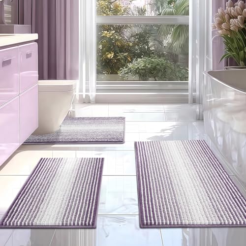 BSICPRO Bathroom Rugs Sets 3 Piece, Toilet Rugs U-Shaped Contour Bath Mat Set, Striped Absorbent Non Slip Chenille Shower Mat, Lavender Purple - color: Lavender Purple, size: 20"x32"+16"x24"+U Shape 20"x24"