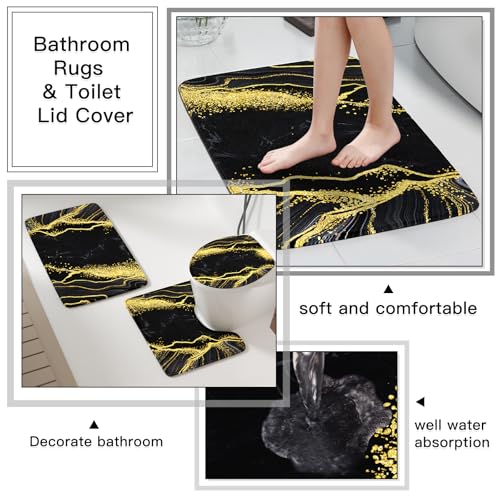 21PCS Bathroom Sets with Shower Curtain and Rugs Bathroom Accessories Set Black Bathroom Set Complete with Trash Can, Toilet Brush, Qtip Holder & 3PCS Soap Dispenser - size: Bath Set+Marble Shower Curtain+Rugs, style: Black