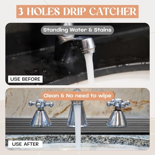 Teenyyou 3 Hole Gray Faucet Mat for Kitchen Sink Bathroom 15.94" x 4.92" Kitchen Faucet Absorbent Mat Diatomite Splash Guard Quick Drying Stone Drip Catcher Hole 2.36" Holes Spaced About 1.65" - color: Gray, style: 3 Hole