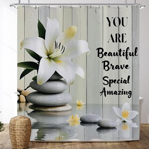 Zen Stone Spa Shower Curtain Set Lotus Motivational Inspirational You are Shower Curtains Meditation Relaxing Yoga Positive Quotes Rustic Floral Bathtub Bathroom Decor 60x72 Inch - color: Zen Floral