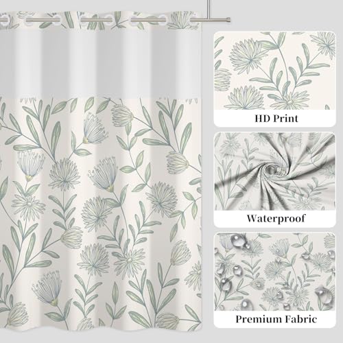 No Hook Botanical Shower Curtain with Snap in Liner Set 71x74 Inch | Sage Green Floral Shower Curtains for Farmhouse Bathroom, Minimalist Wildflower Waterproof Fabric with Mesh Top Window - color: Floral-b