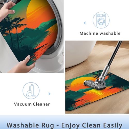 Abstract Nature View Bathroom Rug 29.5"x17", Super Absorbent Fast Drying Bath Mat with Non-Slip Rubber Backing, Thin Low-Profile Easy-Clean Bathroom Floor Mat for Shower or Tub - color: Tropical Sunset Plam