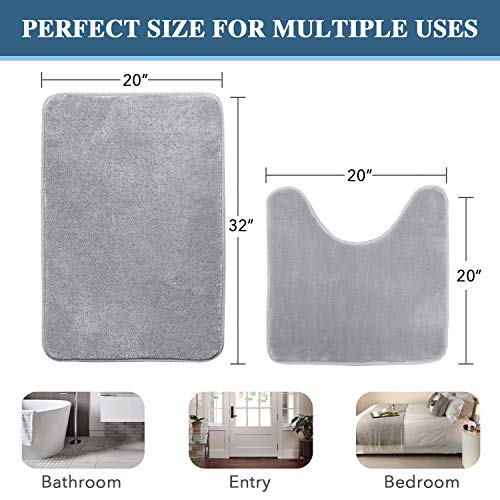 H.VERSAILTEX Bath Mat Memory Foam Set Bathroom Rug Set Flannel Velvety Bath Mat Luxury Extra Soft and Absorbent Non Slip Rugs for Bathroom/Bedroom Washable(Curved Set 20"x 32" Plus 20"x 20"U, Grey) - color: Grey, size: 20" x 32" Plus 20" x 20" U