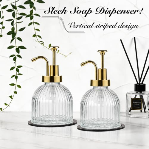 SheeChung 8 Oz Glass Soap Dispenser Bathroom, Clear Liquid Hand Soap Dispenser with Pump, Refillable Dish Soap Dispenser for Kitchen, Cute Modern Stripes Lotion Bottle, Shampoo (Gold Pump, 2 Pack) - color: Clear-gold Pump, 2 Pack