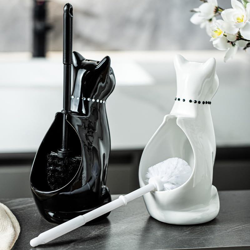 Comeon Ceramic Cat White/Black Toilet Brush and Holder Set, Plastic Handled Scrub Brush for Bathroom Cleaning,10.63"*6.3" (Black) - color: Black, size: Cat