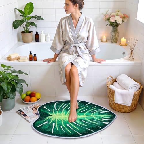 Green Bathroom Rug Set 3 Piece Palm Leaf Bathroom Rugs Set with U-Shaped Mat Green Leaves Bath Mat with Unique Leaf Shaped for Bedroom Floor Living Room Machine Washable