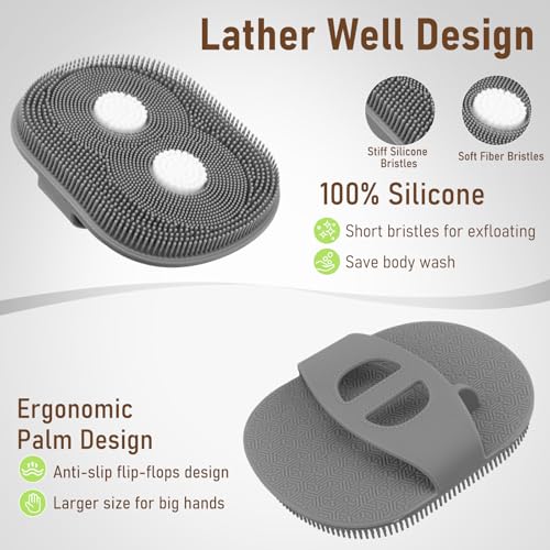 Back Scrubber for Shower + Body Scrubber 2 Pack - Dual Sided Silicone & Nylon Bristles Lather Well, Exfoliating Anti-Slip Wood Long Handle Back Scrubber Body Exfoliator for Wet/Dry Bath Brush Grey - color: Grey