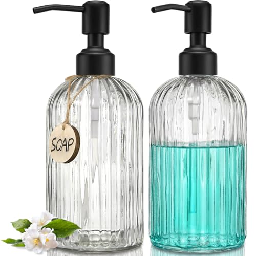 JASAI 2PACK 18Oz Simple Glass Soap Dispensers with Black Pump, Refillable Kitchen soap Dispenser with Vertical Stripe, Bathroom Soap Dispenser for Bathroom Hand soap, Dish Soap, Lotion. - color: Clear-black Pump-2p, size: 2 Pack