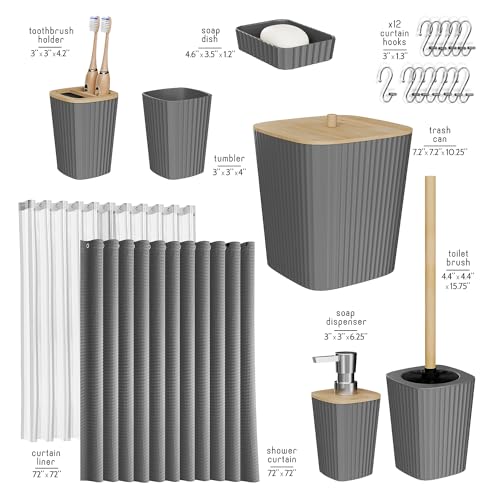 Clara Clark Bathroom Accessories Set - Bathroom Set, Bathroom Accessory Set, Shower Curtain Set, Toilet Brush, Trash Can & Soap Dispenser - Grey - 20PC - color: Grey, size: Complete Set
