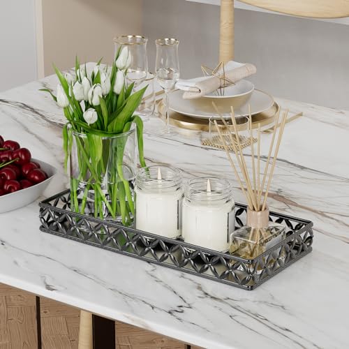 Vanity Tray for Bathroom Counter - 11" x 4.9" Metal Black Decorative Tray | Small Rectangle Tray, Non-Slip Bathroom Countertop Tray, Bathroom Organizer for Perfume Makeup Cosmetic Jewelry Soap - color: Rectangle Floral-black