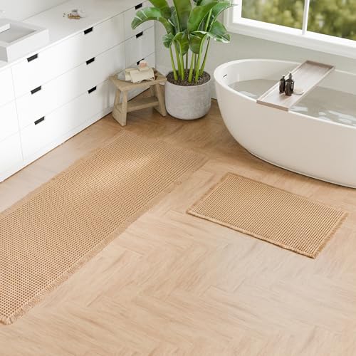 Hiasan Set of 2 Waffle Bath Mat, Super Absorbent Non Slip Bathroom Boho Rug with Tassels, Machine Washable Bath Mats for Bathroom, Ultra Soft Rubber Backed Rug, Brown, 16" x 24" + 24" x 60" - color: Brown, size: 16" x 24" + 24" x 60"