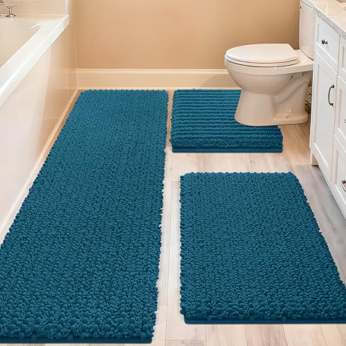 ACCUMTEK Upgrade Extra Large Teal Blue Bathroom Rug Set 3 Pieces Ultra Soft, Thick Absorbent Bath Mats, Non Slip Chenille Toilet Mat for Bathroom, Bedroom, Kitchen - color: Teal Blue, size: 48"x20"+24"x17"+U Shape24"x20"