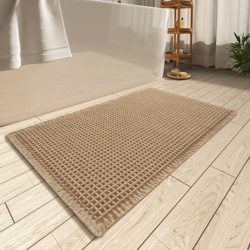 AMOAMI Upgraded Waffle Bath Mat, Super Absorbent Non Slip Bath Mats for Bathroom Floor, Machine Washable Bathroom Rugs with Tassels, Rubber Backed Bathroom Mats, Ultra Soft, 18" x 30", Brown - color: Brown, size: 1'6" x 2'6" (Rectangular)