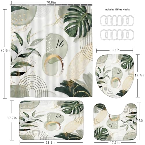 LQCOOL 4Pcs Green Shower Curtain Set, Modern Boho Bathroom Sets, Modern Luxury Bathroom Sets with Shower Curtain and Rugs, Shower Curtain with 12 Hooks - color: Green Leaf
