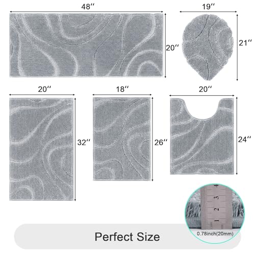 HEBE Bathroom Rugs Sets 5 Piece, Soft Absorbent Microfiber Bath Mat for Bathroom, Non Slip Washable Bath Rug Set with Toilet Cover, Bath Runner and U-Shaped Contour Toilet Rug, Light Grey - color: Light Grey, size: 18"x26"+20"x32"+20"x48"+U20"x24"+Cover19