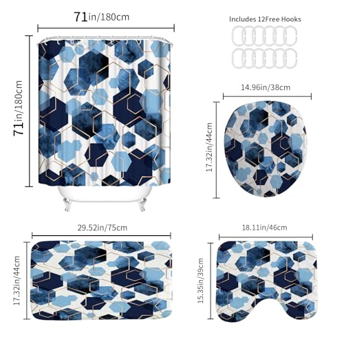 4Pcs Navy Blue Geometric Shower Curtain Set, Neutral Modern Art Deco Shower Curtain with Hooks, Elegant Trendy Simple Bathroom Sets with Shower Curtain and Rugs, 71 * 71in - color: Navy Blue