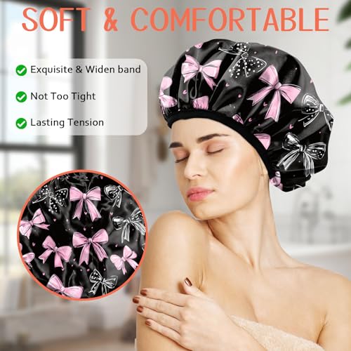 Luxury Shower Cap Terry Lined Reusable Triple Layer Waterproof Hair Elastic Caps Shower Bath Hat for Women Girls Cute Aesthetic-Bowknot - color: AL19-Bowknot