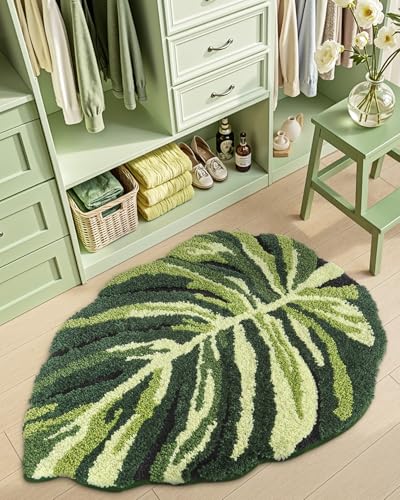 DEXI Leaf Bathroom Rugs Monstera, 31.5x23.5 Soft Fluffy Cute Bath Mat with Non Slip Backing, Washable Absorbent Bath Rug Quick Dry for Shower Floor, Toilet, Bedroom, Kids Room - color: Ample Monstera Deliciosa
