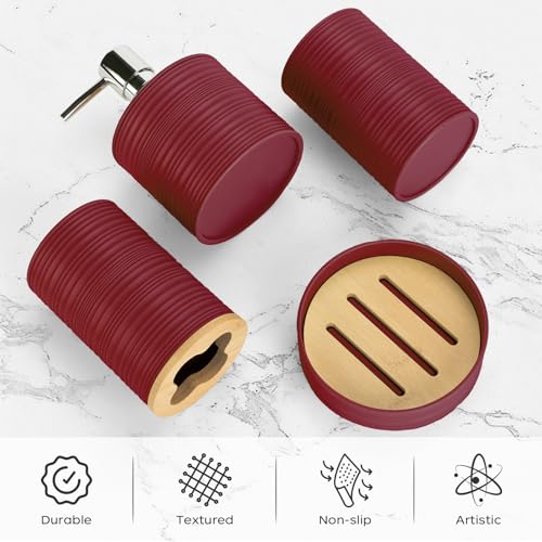 4 PCS Burgundy Bathroom Accessories Set, Includes a Soap Dispenser, Toothbrush Holder, Soap Dish and Mouthwash Cup, Plastics & Bamboo Bathroom Set, Bohemian Style Bathroom Sink Set - color: Burgundy, size: 4 PCS