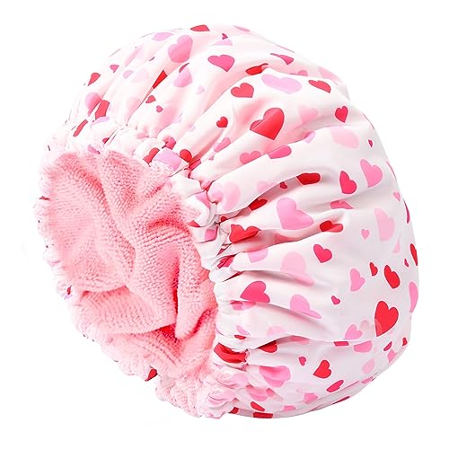 Shower Cap for Women Terry Lined Bath Cap Large Reusable Waterproof Elastic Band Pink Shower Caps for Long Thick Hair Soft Bath Shower Hair Caps - color: Pink Hearts