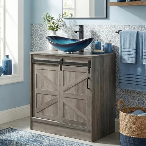 30" Barn Door Bathroom Vanity, Farmhouse Style Standing Pedestal Cabinet with Blue Boat Glass Vessel Sink - color: Blue Boat Glass Sink, size: 30"