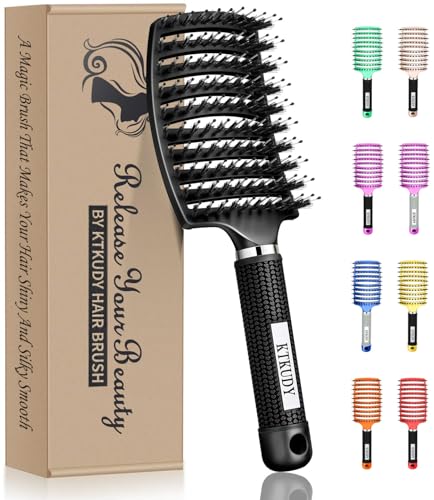 KTKUDY Detangling Brush Boar Bristles Hairbrush Make Hair Shiny & Healthier Curved and Vented Detangler Brush for Women Men Kids Wet & Dry Hair (Black) - color: Black