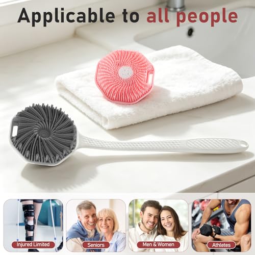 Back Scrubber for Shower 2 Pack, Silicone Scrub Brush with Long Handle & Unique Soft Body Scrubber, Detachable Body Brush Shower Lather Well Deep Clean Exfoliating for Women Men Sensitive Skin Gy&Pk - color: Pink+grey Flock