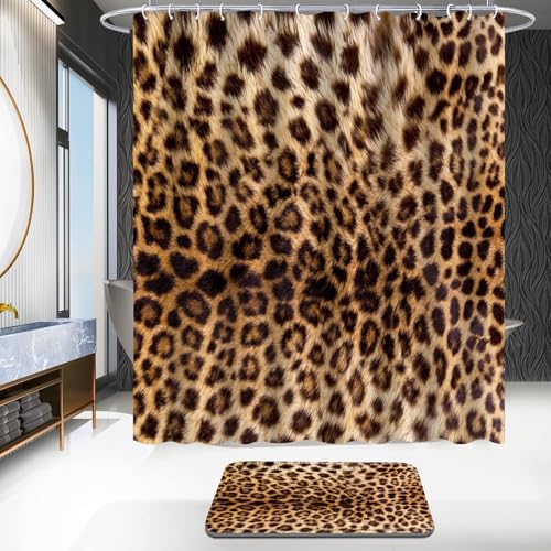 4 PCS Leopard Shower Curtain Cheetah Print Shower Curtain Sets Non Slip Bathroom Rugs Soft Plush Bath Mat Toilet Lid Cover Animal Print Shower Curtain with 12 Hooks for Bathroom Tub, Brown - color: Brown