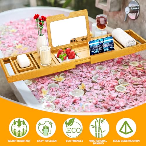 Premium Bathtub Tray Caddy with Makeup Mirror Bamboo - Bath Tray Expandable- Unique House Warming Gifts, New Home, Anniversary & Wedding Gifts for Couple, Bridal Shower Gift for Wome - color: Bamboo