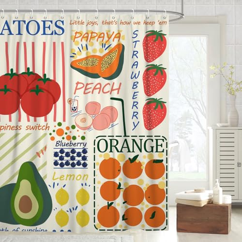 Fabric Shower Curtain with Hooks, Waterproof & Washable & Polyester, Summer Funny Doodle Colorful Cute Fruit Shower Curtains for Bathroom, Unique Cartoon Bathroom Curtain, House Gift, 71x74 Inch - color: Fruits Graffiti