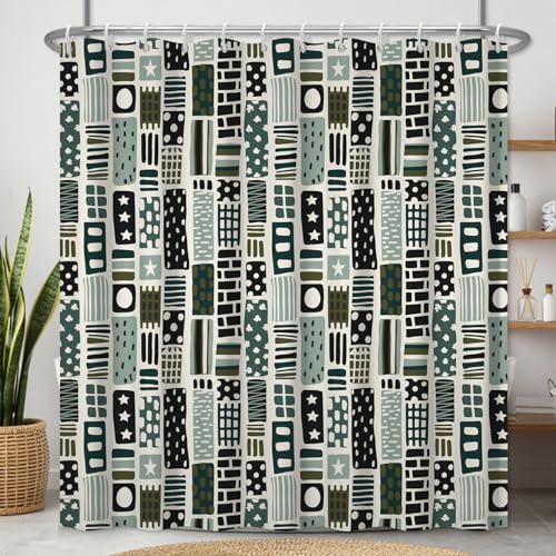 Fabric Shower Curtain with Hooks, Waterproof & Washable Polyester, Boho Green Checkered Geometric Shower Curtains for Bathroom, Neutral Modern Abstract Pattern Bathroom Curtain, 71x74 Inch - color: Green Abstract Geometric