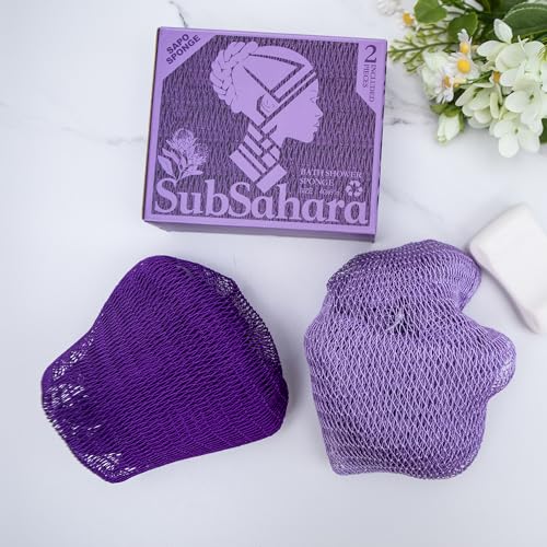 SubSahara Authentic African Net Sponge - 2 Pack Exfoliating Bath & Shower Loofah Sponge for Body & Face, Gentle Scrubber for All Skin Types, Travel, Durable (Deep Purple & Iavender Purple) - color: Deep Purple & Iavender Purple