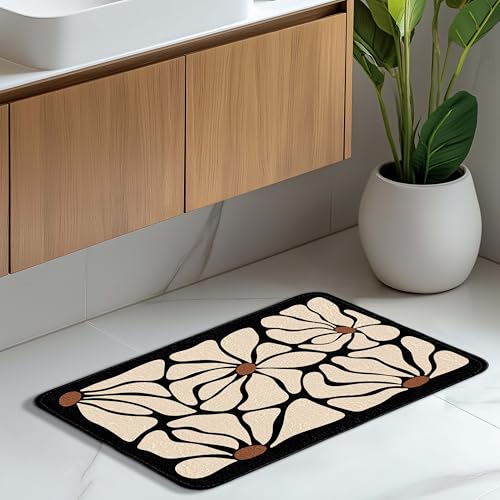 Boho Black and Beige Bath Mat | Black Floral Bathroom Rugs, Non Slip, 16x24 - color: Abtract Floral
