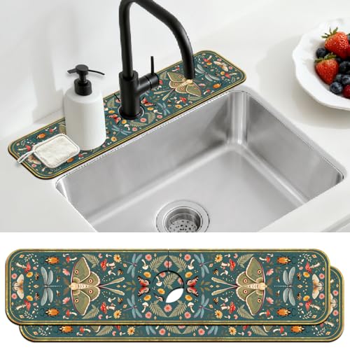 2 Pcs Kitchen Sink Splash Guard Faucet Mat Vintage Green Insects and Plants Faucet Mat for Sinks Absorbing Drying Mats for Kitchen Bathroom, 23.6x5.5inch - color: Insects and Plants