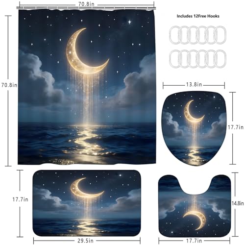 LQCOOL 4Pcs Moon Shower Curtain Set Blue and Gold Sea Bathroom Sets for Bathroom with Rugs Shower Curtain with 12 Hooks - color: Blue Moon
