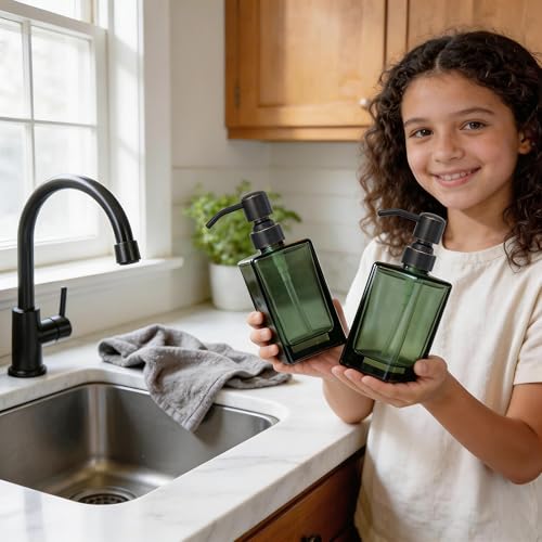 13.5 Oz Green Glass Soap Dispenser with Rust Proof Stainless Steel Pump, Antique Design Refillable Square Lotion Dispenser for Bathroom, Premium Kitchen Hand Soap (Oil Rubbed Bronze) - color: Gree +Oil Rubbed Bronze