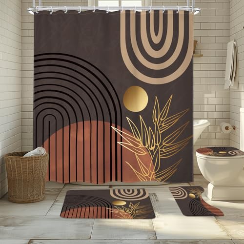 KOMLLEX 4Pcs Abstract Boho Shower Curtain Sets, Bath Mat and Toilet Lid Cover, Modern Brown Grey Leaves Mid Century Simple Minimalist Men Bathroom Decor Set with Rugs and Accessories, 12 Pack Hooks - color: A1-black Brown(4pcs), size: 72"W x 72"L (Pack of