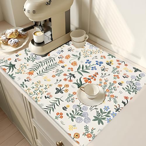 2Pcs Dish Drying Mats Faucet Mats Sets Large Size Coffee Mats Sink Faucet Mat Splash Guard for Kitchen Counter Bathroom Sink Coffee Bar Kitchen Decor (Wildflowers 2, 18"x24" 15" x 5.5"Set) - color: Wildflowers 2