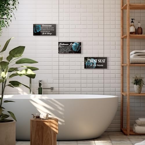 DONFENTHY 3 Pcs Blue Bathroom Rules Decor Rustic Farmhouse Wooden Best Seat in The House Rose Hanging Wall Art Bathroom Accessories for Toilet (Blue 10x5") - color: Blue 02