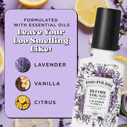 Poo-Pourri Before-You-Go Toilet Spray, Lavender Vanilla, 4 Fl Oz, Up to 200 Uses, Bathroom Odor Deodorizer, Plant-Based with Essential Oils, for Home or Work, Lavender, Vanilla and Citrus Scent - size: 4 Fl Oz (Pack of 1)