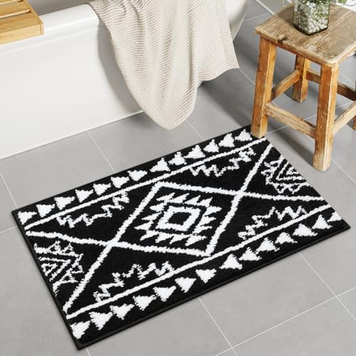 Uphome Black Bathroom Rug Boho Shaggy Soft Bath Rug Western Non-Slip Machine Washable Bathroom Mat Absorbent Geometric Rustic Tribal Shower Rug for Toilet Tub Vanity, 20x32 inch - size: 20x32 inch