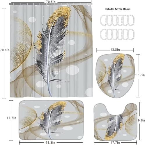DDQQ 4Pcs Abstract Bubble and Feathers Shower Curtain Set Gray and Golden Bathroom Sets Shower Curtain with 12 Hooks Bathroom Decor with Rugs Bath Accessories with Mats Toilet Lid Cover - color: Yellow