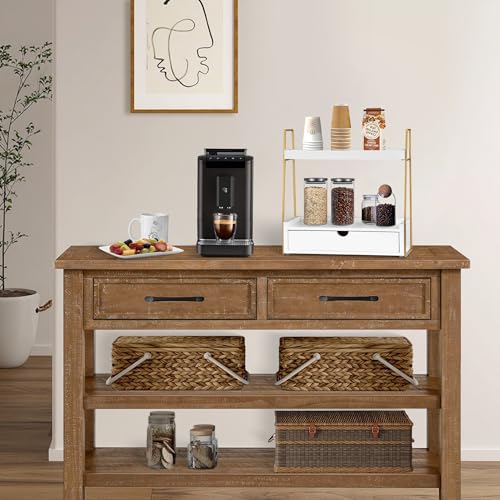 2-Tier Bathroom Organizer Countertop with Drawer, Wood Counter Organizer for Bathroom Decor, Sink Shelf for Vanity Storage, Makeup Tray for Perfume Skincare, Spice Rack Bedroom Kitchen Corner - color: White