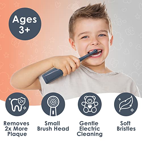 Brusheez Kids’ Electric Toothbrush Set - Safe & Effective for Ages 3+ - Parent Tested & Approved with Gentle Bristles, 2 Brush Heads, Rinse Cup, 2-Minute Timer, & Storage Base (Shadow the Shark) - color: Blue, White