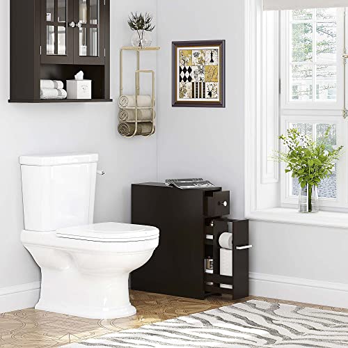 Spirich Slim Bathroom Storage Cabinet, Free Standing Toilet Paper Holder, Bathroom Cabinet Slide Out Drawer, Espresso - color: Espresso
