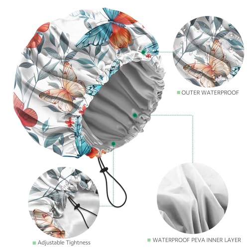 2 PCS Shower Cap Waterproof Double Layer Elastic Adjustable Reusable Hair Bath Caps for Girls Women Cute Aesthetic-Butterfly Flowers - color: G14-Butterfly Flowers