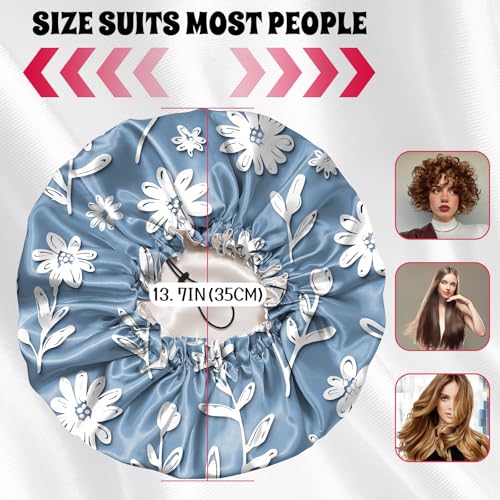 Luxury Shower Cap Satin Lined Reusable Waterproof Double Layer Elastic Adjustable Hair Bath Cap Cute Aesthetic Women Girls-Bule - color: F16-Bule